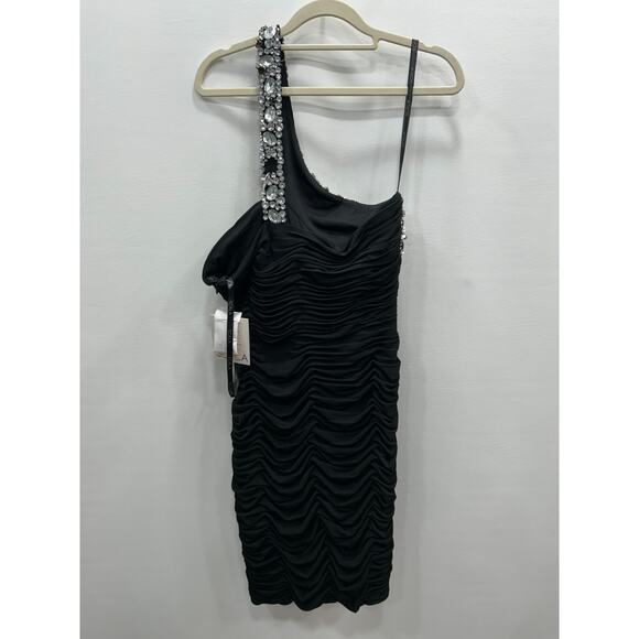 Scala Black Crystal Embellishments One-Shoulder Ruched Cocktail Dress Sz 8 FLAWS - Picture 3 of 16